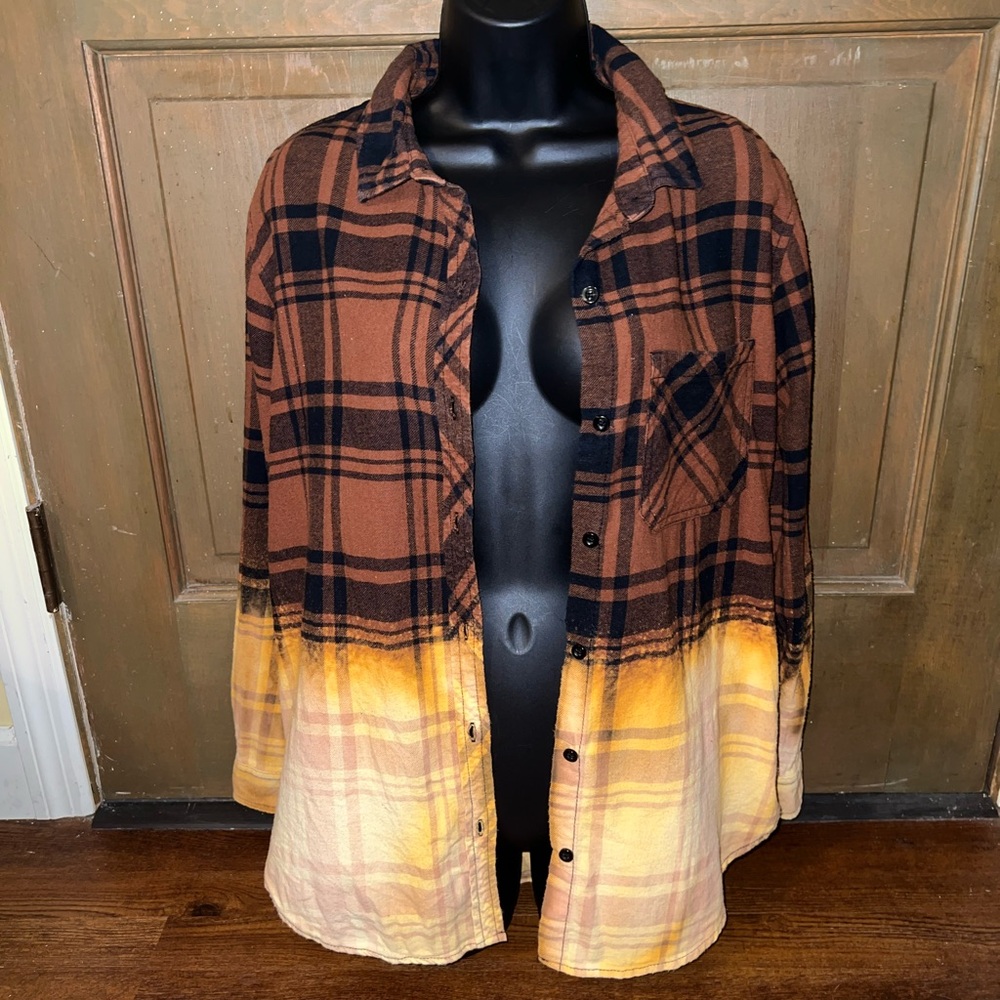 GAP Brown & Black Stripe Cream Ombre Button Up Flannel Long Sleeve Shirt Size L - Picture 4 of 13
